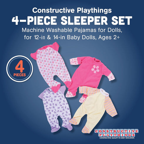 Constructive Playthings 4-Piece Sleeper Set for 12 Inch to 14 Inch Baby Dolls, Machine Washable Pajamas
