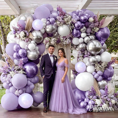 Pastel Purple White Balloon Arch Double Stuffed, Light Lavender Pearl Balloon Garland Kit with Metallic Lilac Silver
