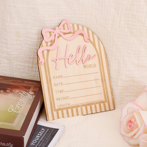 Goktvai Hello World Newborn Sign, Wooden Pink Bow Baby Announcement Sign Funny Newborn Announcement Board Suitable