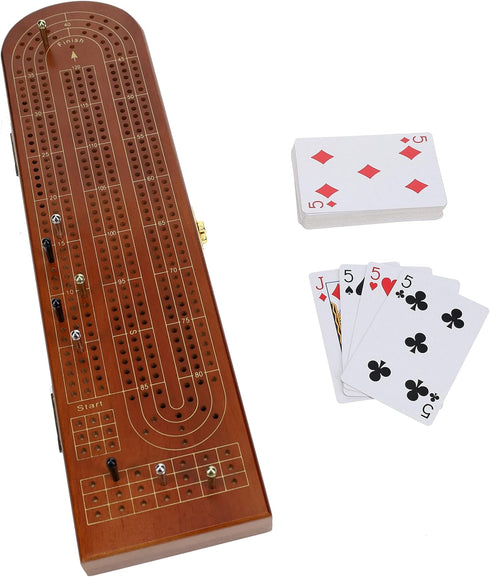 Set, 3 2-3 Pacific Shore Games Wooden Cribbage Board Game Walnut Stained Continuous Track for Players, Card Storage