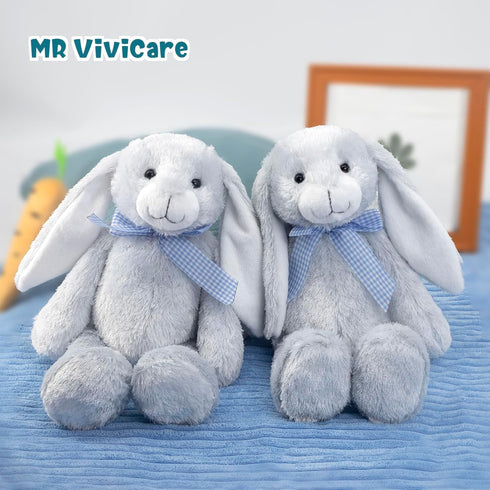 14" Blue Bunny Stuffed Animal for Kids and Newborns, Huggable Plush Rabbit Toy with Bow for Boys and Girls