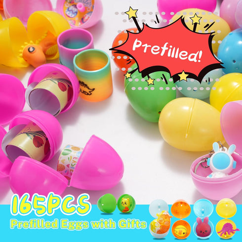 Jookamar 165PCS Prefilled Easter Eggs with Toys Inside, Easter Eggs Fillers Basket Stuffers Easter Hunt Games Party