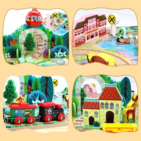 18 Set 3+, 4 Joqutoys Piece Train for Toddlers, Wooden Take-Along Tabletop Railroad for Kids Age Portable Durable Train