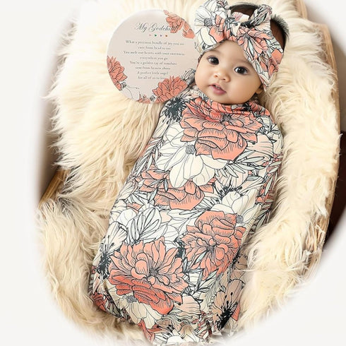 Galabloomer Newborn Receiving Blanket Headband Set, Baby Flower Swaddle (Cocal Almond)