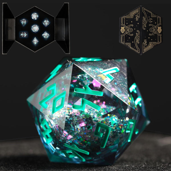 HEIMDALLR Liquid Core Dice Set with LED Display Case - 7-PC Hand-Painted DND Dice Set (Midnight Sea)