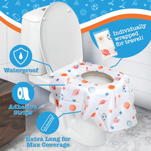 Disposable Toilet Seat Covers (6 Pack, Sports) - XL Waterproof Cover for Toddlers, Kids & Adults, Portable & Wrapped