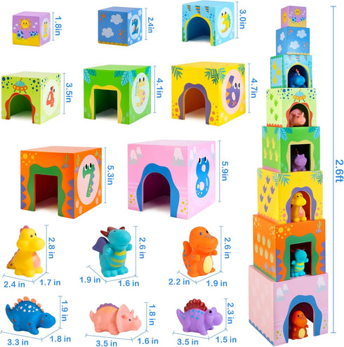 Wooden Dinosaur Nesting and Stacking Block Toys, Number Nesting Boxes, Birthday Gift for 12-24 Month Boys Girls