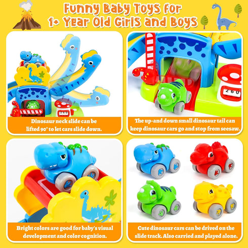 1 2 4 12-18 1-3 Toddler Toys for Year Old Boy Gifts, Dinosaur Slide with Dino Cars Montessori Learning Toys for Baby