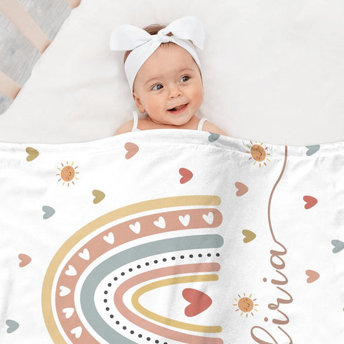 Personalized Baby Girl Blankets with Name, Custom Boho Rainbow Swaddle Blanket for Girls, Customize Newborn Shower