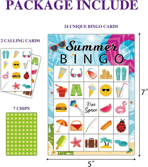 Summer Bingo Cards, Summer Party Games Bingo Cards for School Party, Birthday, Beach Party Favors Supplies Decorations, 24 Players Bingo Game (A01)