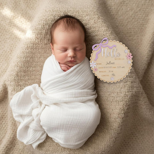 TTMerriwood Hello World Wooden Baby Birth Announcement Sign, Pink Floral Newborn Name Date Time Weight Length Board