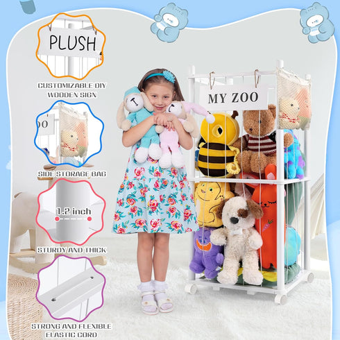 GLDZI Stuffed Animal Storage Zoo with Wheels, Wooden Stuffed Animal Organizer with Elastic Cords, Space Saving Toy