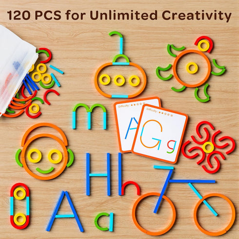 Set 120PCS Montessori Smart Sticks and Rings with Challenge Cards, Creative STEM Kit with Wooden Pattern Blocks