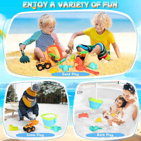 29PCS 2 2 3-10 HUITEM Beach Sand Toys for Kids, Sandbox Toys with Collapsible Bucket Sand, Dump Truck, Dinosaur Molds