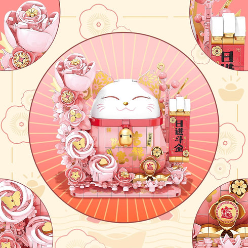 Set, 868Pcs Lucky Cat Building Block Compatible with Lego Cat, Cute Fortune Cat with Flowers Building Blocks, Christmas
