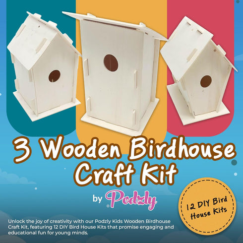 Podzly Kids Wooden Birdhouse Craft Kit, 12 DIY Bird House Kits for Kids Crafts Activity with 3 Designs to Enjoy