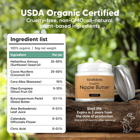 100% Essentials,2oz Organic Nipple Butter for Cracked, Sore, Relief - Nursing Nipple Cream Safe for Breastfeeding