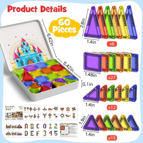 Niukdier Set 60pcs 3+ Magnetic Tiles Mini Travel Toddler Magnetic Blocks Building Kids Toys, Montessori Preschool