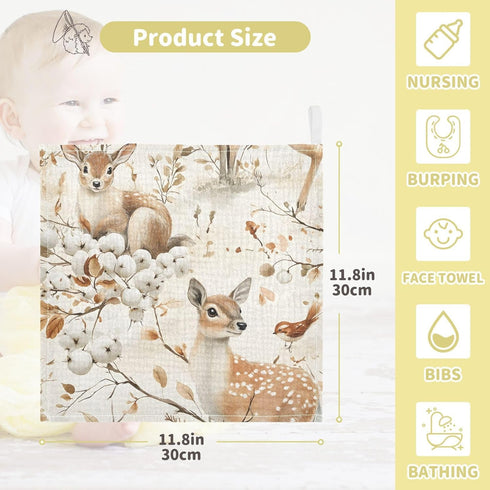 YETTASBIN 4 5 Pack Watercolor Deer Muslin Baby Hand Washcloths, Soft Cotton Bath Face Towel, Layers Extra Absorbent