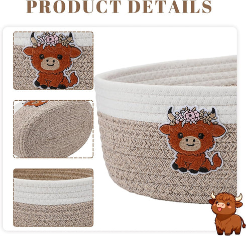 3 Closet 11.8''x7.8''x4.7'' Geelin Pcs Highland Cow Baskets for Gift Cute Farmhouse Brown Woven Rope Gift Baskets Shelf