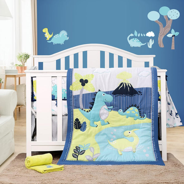 YJM 8 PC Dinosaur Crib Bedding Set for Baby Boys, Blue Nursery