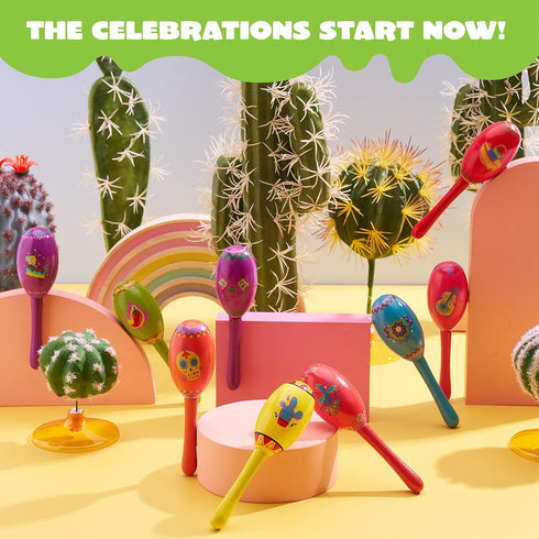 JOYIN 9 Pcs Fiesta Wooden Maracas - 9 Designs Noisemaker for Cinco De Mayo Party Favors and Mexican Decorations