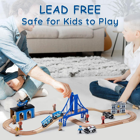 Set Playset SainSmart Jr. Wooden Train - Interactive Police for Kids | Building Toy with Train, Figures & Accessories |