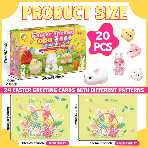 20Pcs Easter Gifts for Kids - Taba Squishies Kit with Greeting Cards, Kawaii Stress Relief Toys, Squishies Fidget Toys