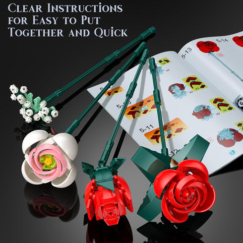 MONOFUN 841Pcs Set Flowers Bouquet Building Block, Roses Building with Vase, Home Office Creative Decoration, Valentine
