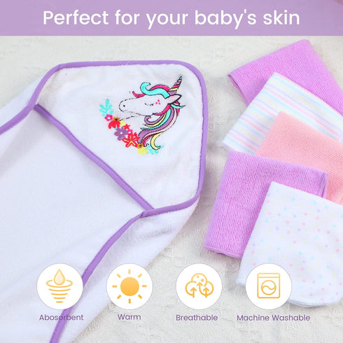 Set, 5 (6 Viviland Baby Towels and Washcloths, Soft Absorbent Purple Baby Bath Towel Unicorn Hooded Towels with Infant