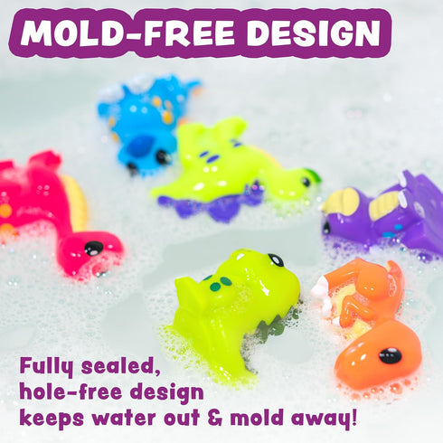 6 Pack Set Tub Works Dinosaur Mold Free Bath Toys, | Sealed, No Hole Bath Toys Design Keeps Moisture Out | Soft