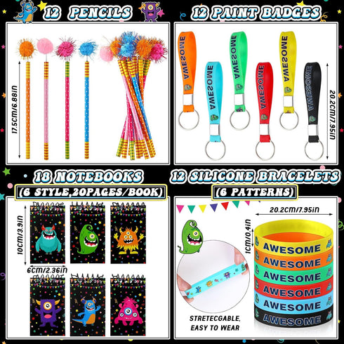 Abbylike 102 Pcs Monster Party Favors, Make Your Own Stickers, Spring Launchers, Drawstring Backpack, Notebooks & More