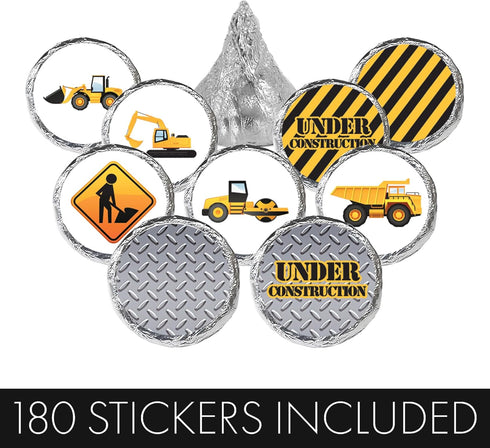 180 Count Under Construction Party Favor Stickers, Construction Birthday Chocolate Kisses Candy Stickers