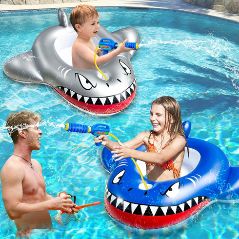 2 Pack Water Squirt Guns, Shark Pool Floats for Kids 3-8 Years, Inflatable Ride-on Toddler Pool Toys for Summer