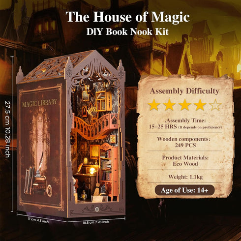 Light,3D Book Nook Kit,DIY Miniature House Kit,Dollhouse Booknook with Dust Cover & LED Wooden Bookends