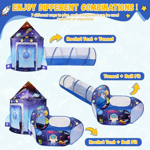 3 1 Set in Rocket Ship Play Tent with Tunnel Ball Pit for Kids Space Themed Pop Up Playhouse Indoor Outdoor Astronaut