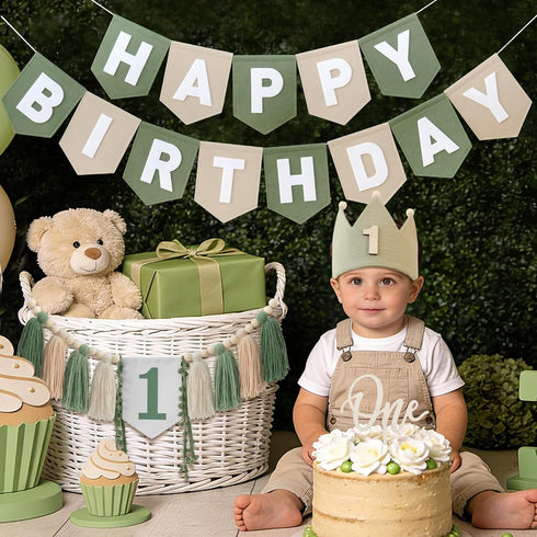 1st DCJHFJ Wild One High Chair Banner Felt Green Happy Birthday Banner Pre-Strung Birthday Party Decorations