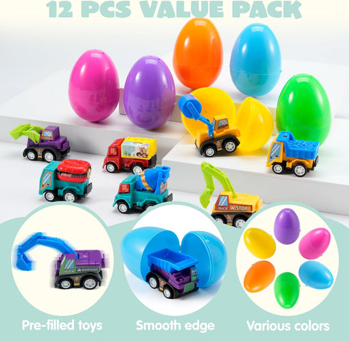 12 JOYIN Pcs Easter Eggs Filled with Toy Cars, Colorful Prefilled Pull Back Construction Vehicle, and Race Car for Kids