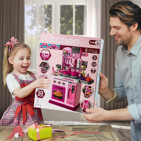 Kids Kitchen Playset - 53pcs Cooking Stove, Play Sink, Oven, Realistic Lights & Sounds, Pretend Play Toys for Toddlers