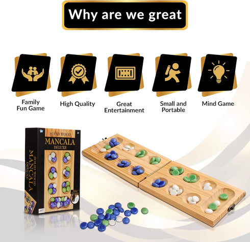 Point Games Solid Wood Deluxe Mancala - Folding Board Game with Metal Latch and Glass Marbles, Portable Strategy Game