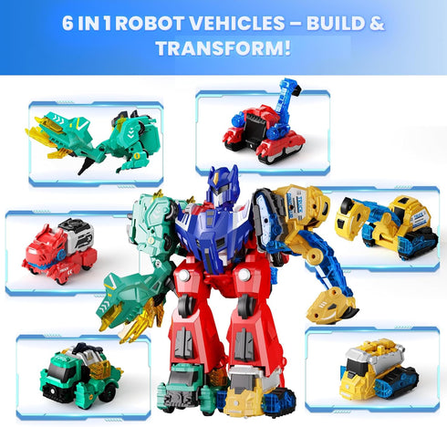 6-in-1 3 4 5 6 7 8, Magnetic Dinosaur Transforming Robot Toys, Dino Construction Trucks for Kids, Magnetic Car Toys