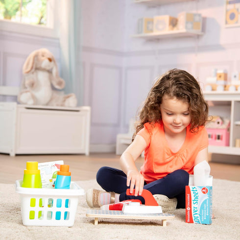 Melissa & Doug 14 Pcs Laundry Basket Pretend Play Set with Wooden Iron and Ironing Board