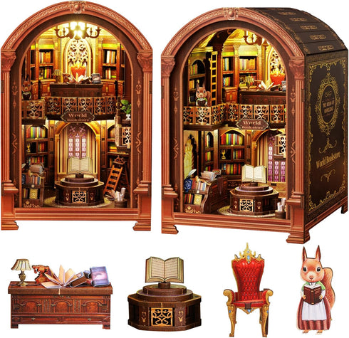 Spilay DIY Dollhouse Kit Miniature Booknook Kit, House Model Build Bookshelf,with LED