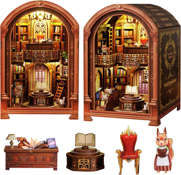 Spilay DIY Dollhouse Kit Miniature Booknook Kit, House Model Build Bookshelf,with LED