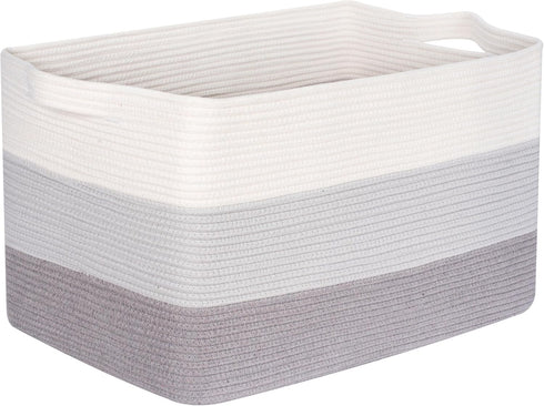 MINTWOOD Design Extra Large Blanket Basket Holder, Rectangle Rope Woven Storage Baskets with Handles, Light Gray