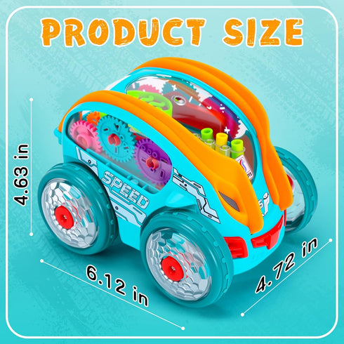 360 1 2 3 4 Light Up Transparent Sensory Car Toy - Standing Rotation Roll Stunt Car, Bump and Go Toy Cars with Colorful