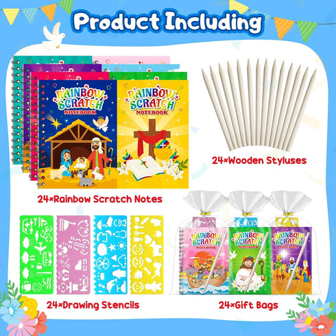 24 Pack 3-12, Rainbow Scratch Paper Party Favors: Christian Rainbow Scratch Notebook, Goodie Bags Stuffers Coloring