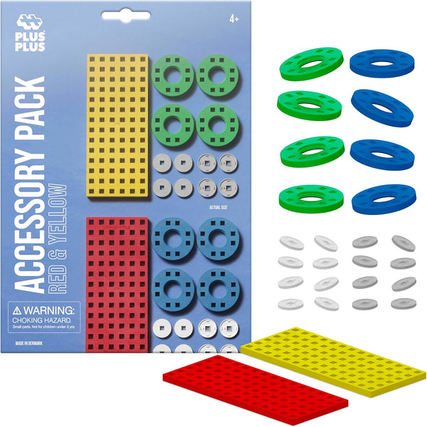 PLUS PLUS Accessory Pack, Red & Yellow - 2 Baseplates, 8 Wheels, Construction Building STEM Toy for Kids