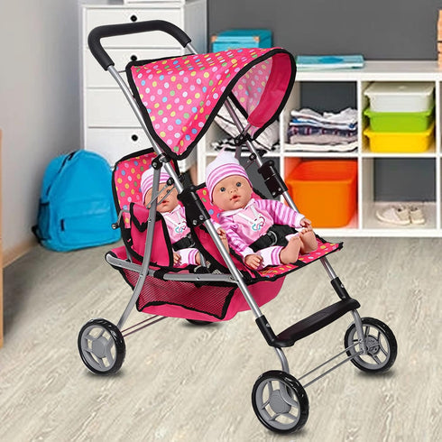 Twin Baby Doll Stroller - Toy Stroller with Storage Basket for Baby Doll Accessories, Polka Dot Design, Folds Easily