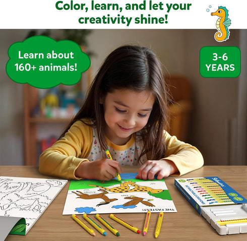 160+ 12 50 3, 4, 5, 6 Skillmatics Color & Learn Activity Book Learn Animals, Retractable Mess-Free Crayons & Pages